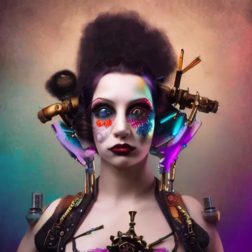 Prompt: photorealistic render of a curiosities carnival, single young beautiful dollpunk posing in a full steampunk corset, cyberpunk dyed haircut, looking at camera, symmetry accurate features, focus, rainbow lighting, very intricate details, award winning masterpiece, by tom bagshaw