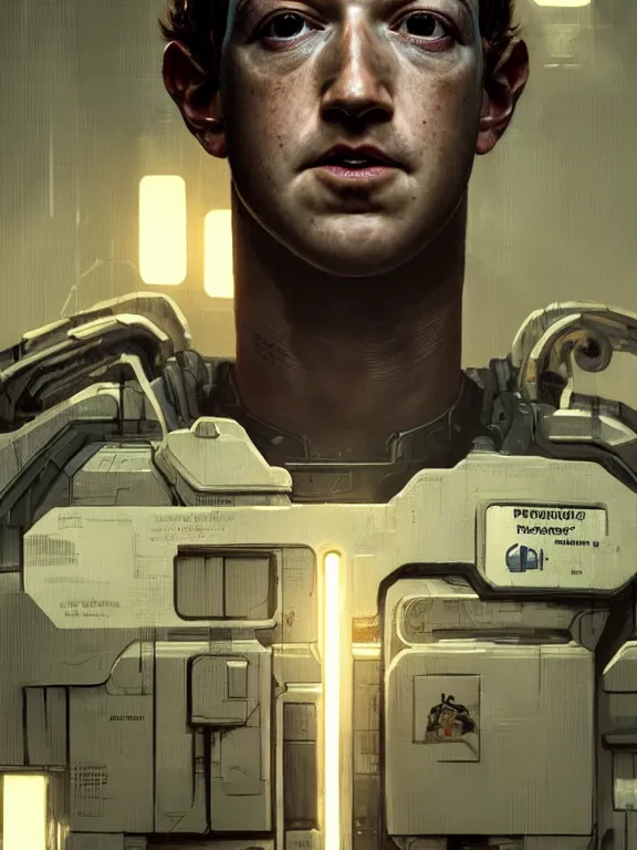 Image similar to portrait of a mark zuckerberg as an android from alien isolation, art by ryo shiotani and greg rutkowski, intricate, beautiful, cute, cinematic lighting, vintage art by serge ivanoff, high resolution, very detailed