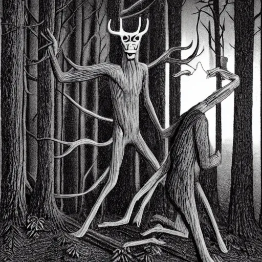Prompt: wendigo in the woods of Maine illustration by Chris Van Allsburg