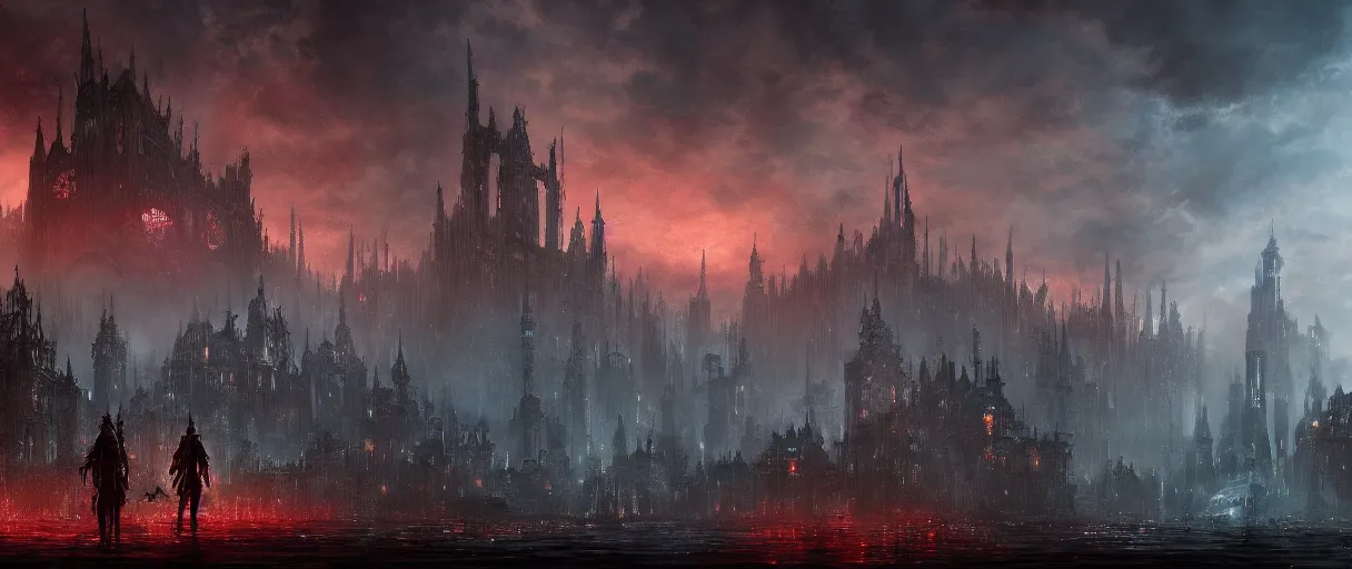 Prompt: large mega city on top of huge floating islands, above sea, concept art, digital painting, in the style of Bloodborne, dark souls, demon souls, dark, night time, volumetric lighting, large scale, high detail, trending on artstation