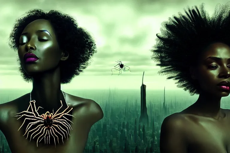 Image similar to realistic detailed photorealistic portrait movie shot of a beautiful black woman with a giant spider, dystopian city landscape background by denis villeneuve, amano, yves tanguy, alphonse mucha, ernst haeckel, david lynch, edward robert hughes, roger dean, cyber necklace, fashion shoot, rich moody colours, cyber patterns, wide angle