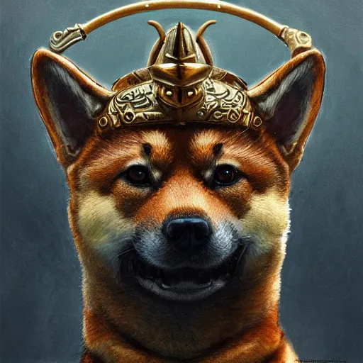 Prompt: detailed photorealistic painting of a shiba inu, wearing a highly detailed ornamented bronze „viking helmet with two horns“, sharp focus in the style of ruan jia, Mandy jurgens, cinematic light, concept art, trending on artstation, ultra realistic