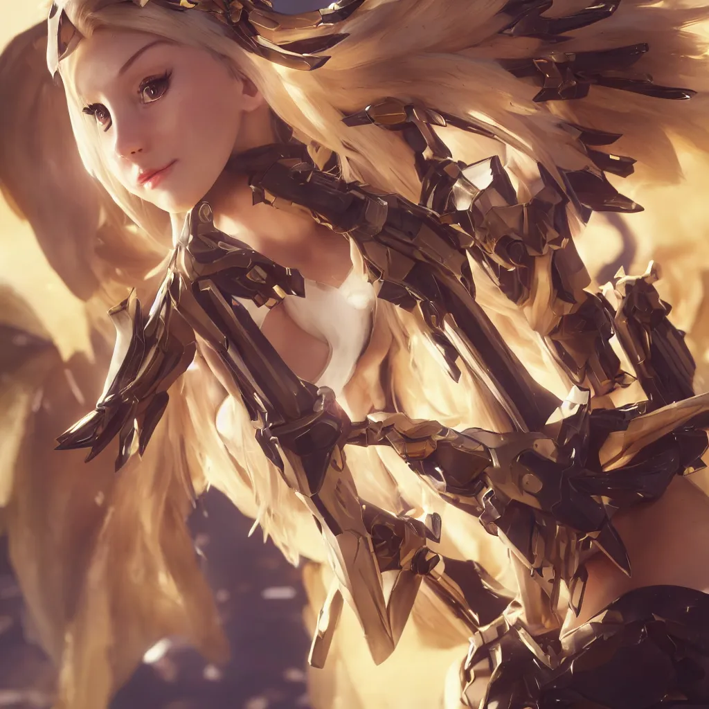 Image similar to Mercy from Overwatch game (2016), no background, close-up shot, intricate, elegant, highly detailed, centered, digital painting, golden hour, cinematic, award-winning, trending on artstation, trending in cgsociety, concept art, smooth, sharp focus, hdr, caustic lights, volumetric lighting, atmospheric lighting, illustration, cinematic, scan, ray traced, octane render, unreal engine, 4k, 3d, photorealistic, art by artgerm and wlop and ross tran