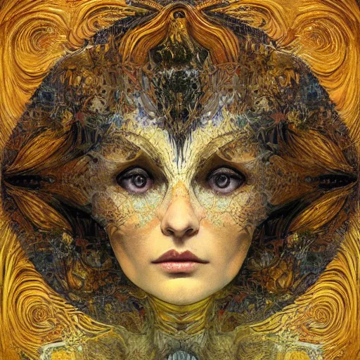 Image similar to Divine Chaos Engine portrait by Karol Bak, Jean Deville, Gustav Klimt, and Vincent Van Gogh, celestial, visionary, fractal structures, ornate realistic gilded medieval icon, spirals, mystical