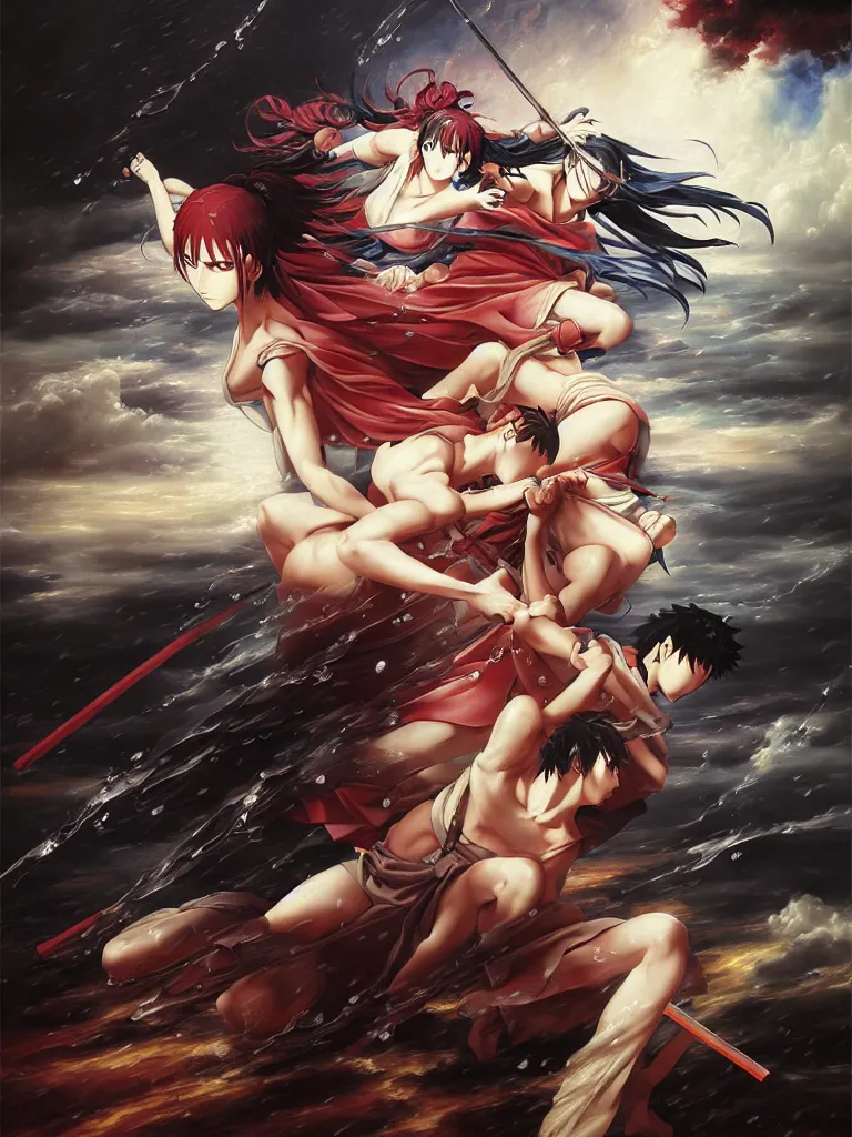 Prompt: baroque oil painting of key visual kunoichi fight, rain, brutalist fantasy, style of makoto shinkai takashi takeuchi yoshiyuki sadamoto, fate stay night