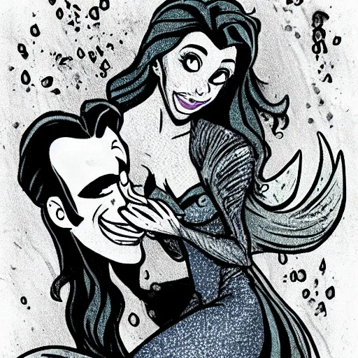 Image similar to Ariel from the little mermaid as a vampire drinking prince Eric's blood, Disney cartoon, gritty