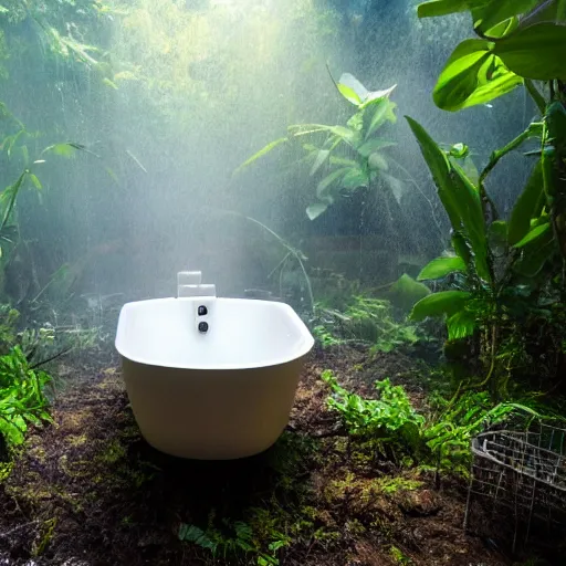 Image similar to pristine bath filled with bubbles in a clearfelled jungle, slash and burn