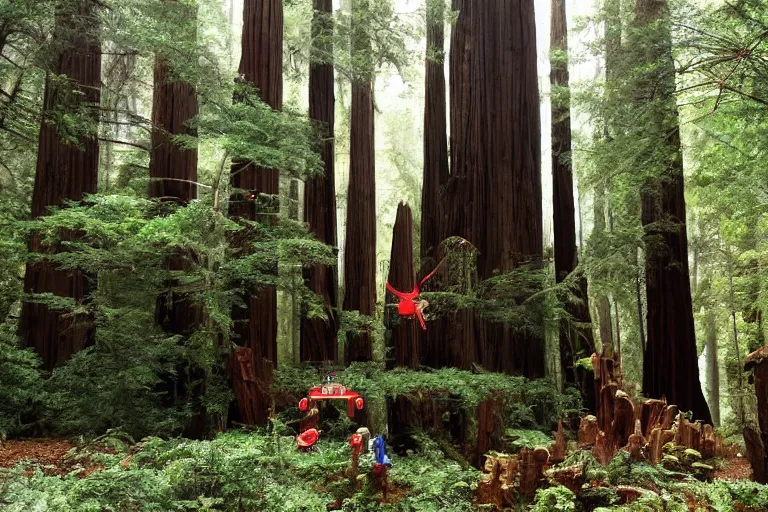 Image similar to fisher - price redwood forest, scene from a ridley scott movie