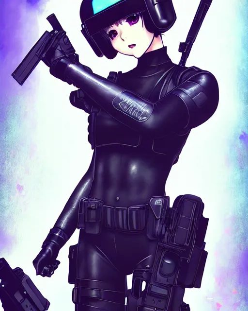 Image similar to 2 b, anime key visual of a young female swat officer, neon, cyberpunk, futuristic, white outfit, black swat vest, swat helmet, holding pdw, stunning, highly detailed, digital painting, smooth, soft focus, illustration, poster, japanese typography, digital art from artstation by artgerm and greg rutkowski and alphonse mucha