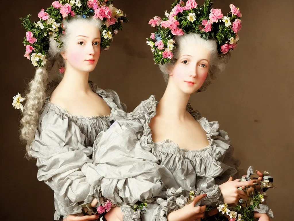 Image similar to robotic mechanic marie antoinette beautiful young woman with baroque wig with flowers,