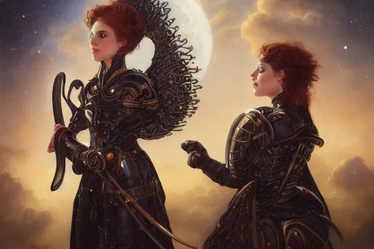 Image similar to a portrait of a female night guard in armor, thin lustrous auburn hair, in Ankh Mor-Pork from Discworld by Terry Pratchett, dreamy night, eternity, romantic, highly detailed, in the style of Tom Bagshaw and Franz Xaver Winterhalter, highly detailed