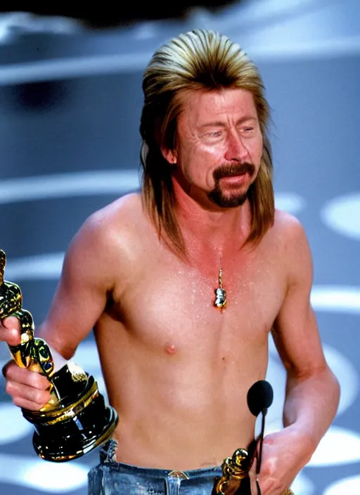 Prompt: a hyper realistic ultra realistic photograph of Joe Dirt winning an oscar, highly detailed, 8k photograph