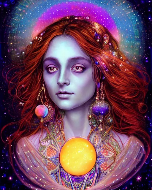 Image similar to portrait of an ethereal gypsy woman with detailed eyes, crystal ball, glowing face, in space with a half moon, photorealistic, colorful dress, in the style of ilya kuvshinov, donato giancola, holographic undertones, art nouveau zodiac galaxy background, intricate, flowing dress, smooth, sharp focus, dramatic lighting, illustration, hdr, artgerm