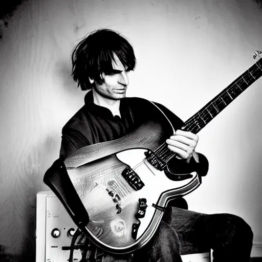 Image similar to Jonny Greenwood playing a guitar in a black and white photo, a black and white photo by Colin Greenwood, featured on tumblr, toyism, groovy, psychedelic, ilya kuvshinov