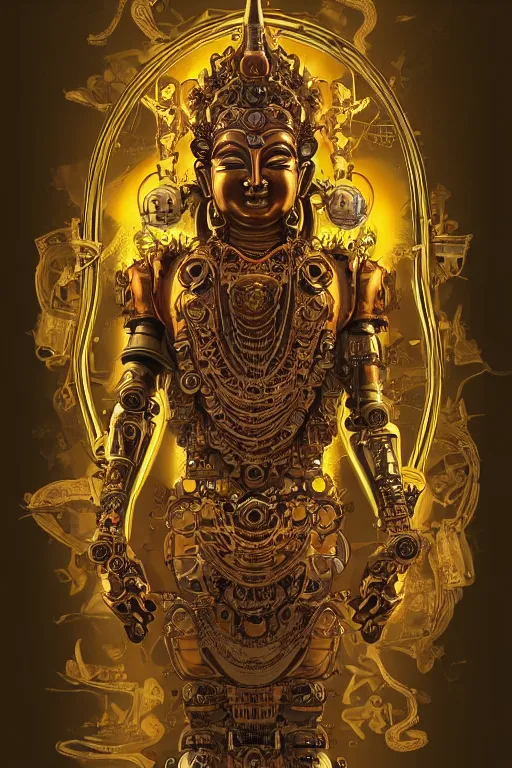 Image similar to a study of cell shaded illustration of a neofuturistic ornate cyborg robot fu manchu buddha with a big belly dancing like shiva, golden ratio, post grunge screen print poster, character concept art by Miles Tsang, highly detailed, sharp focus, motherboard, Artstation, deviantart, artgem