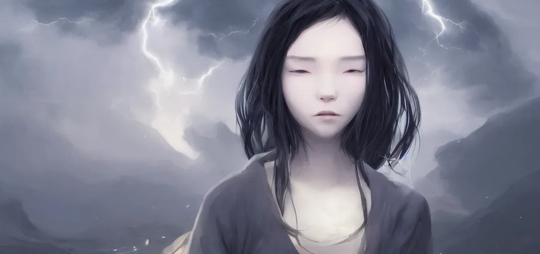 Image similar to a beautiful Tibetan woman, innocent, somber white eyes, blind, long black and white split hair,gentle lighting, storm in the distance, simple dress, digital art by Makoto Shinkai ilya kuvshinov and Wojtek Fus, digital art, concept art,