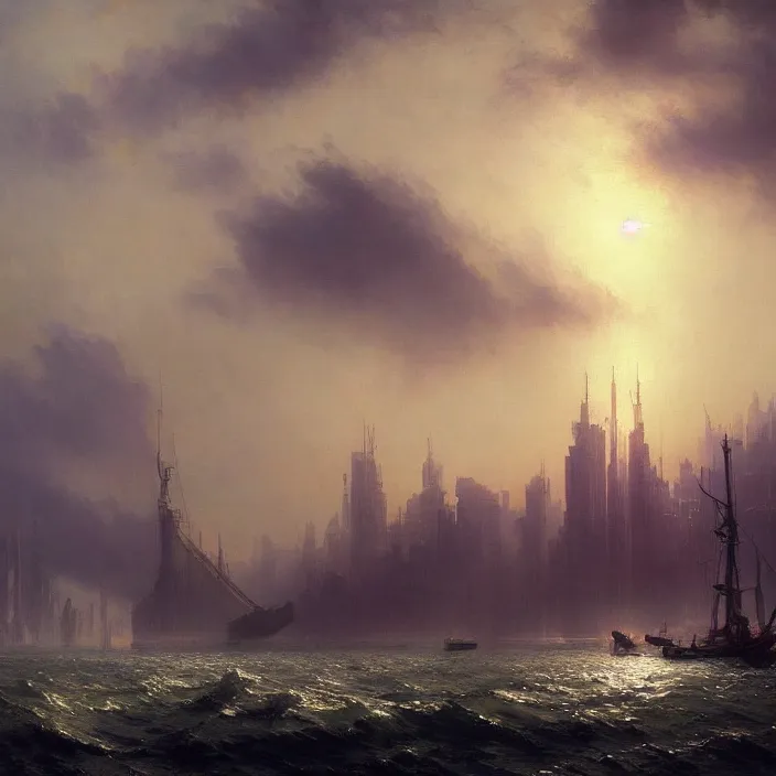 Image similar to a beautiful painting of a cyberpunk city on the sea by ivan aivazovsky and greg rutkowski and james gurney and frank lloyd and sung choi, in style of impressionnisme. hyper detailed, sharp focus, soft light. unreal engine 5 lumen. ray tracing. trending on artstation. oil on canvas