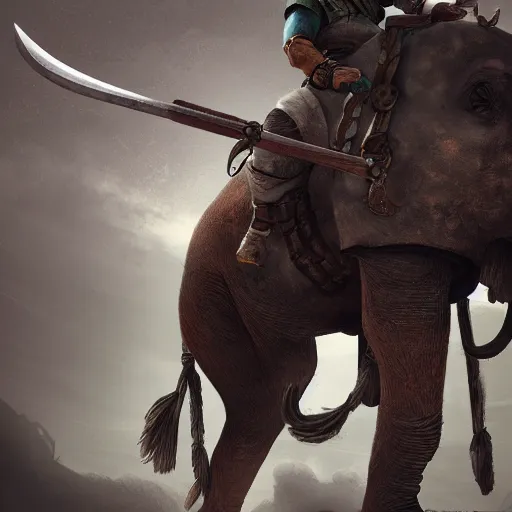 Image similar to a warrior with warhammers as weapons on a war elephant riding into battle. artstation , 4k detail, digital art