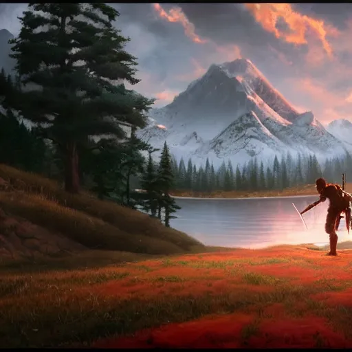 Image similar to a closeup photorealistic photograph of bob ross working on a canvas painting of deadpool. film still. brightly lit scene. mountains and trees. this 4 k hd image is trending on artstation, featured on behance, well - rendered, extra crisp, features intricate detail, epic composition and the style of unreal engine.