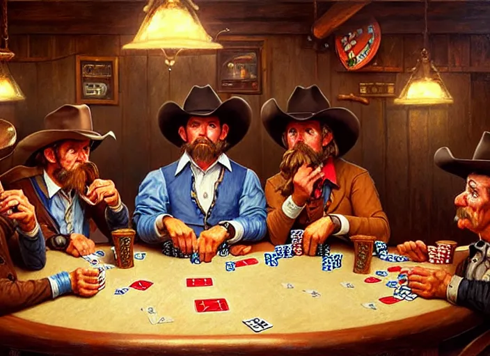Prompt: cowboys playing poker in a saloon, by Mandy Jurgens, trending on artstation, Richard Schmid and norman rockwell