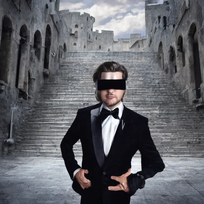 Image similar to cinematic movie, background is castle and steps, with a silver mask, silver wavy hair, black suit, 4 k