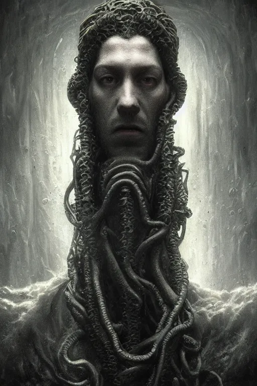 Image similar to realistic portrait beautiful detailed matte painting of cinematic movie scene hp lovecraft, horror, tentacles, created by gustave dore and greg rutkowski, high detailed, smooth draw, synthwave neon retro, intricate, realistic proportions, dramatic lighting, trending on artstation.