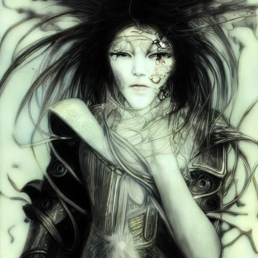 Image similar to yoshitaka amano blurred and dreamy illustration of an anime girl with pirate eye patch, wavy white hair and cracks on her face wearing elden ring armour with the cape fluttering in the wind, abstract black and white patterns on the background, noisy film grain effect, highly detailed, renaissance oil painting, weird portrait angle