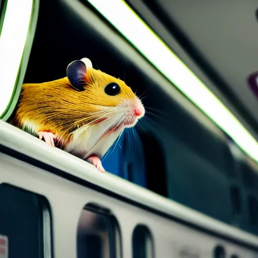 Image similar to photo of a hamsterinside a metro train, various poses, unedited, soft light, sharp focus, 8 k