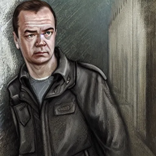 Prompt: medvedev, post - apocalyptic style, with mental illness