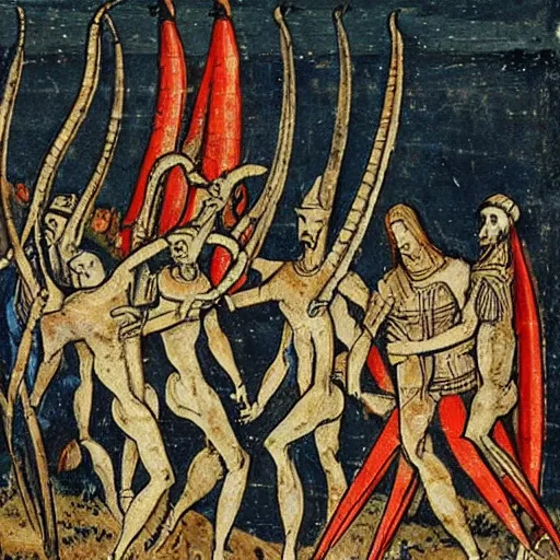 Prompt: medieval european art depicting a giant alien squid attacking a group of knights in a field, very detailed, very intricate,