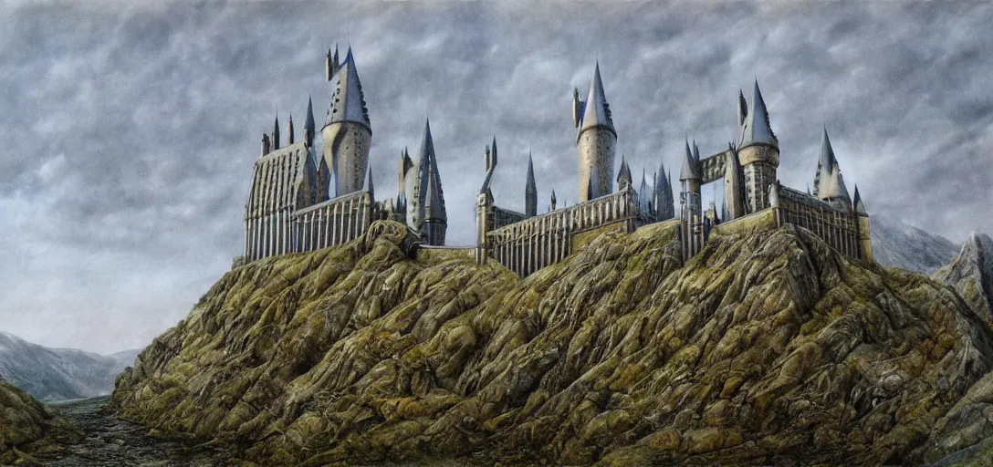 Prompt: Hogwarts landscape painted by Alan Lee