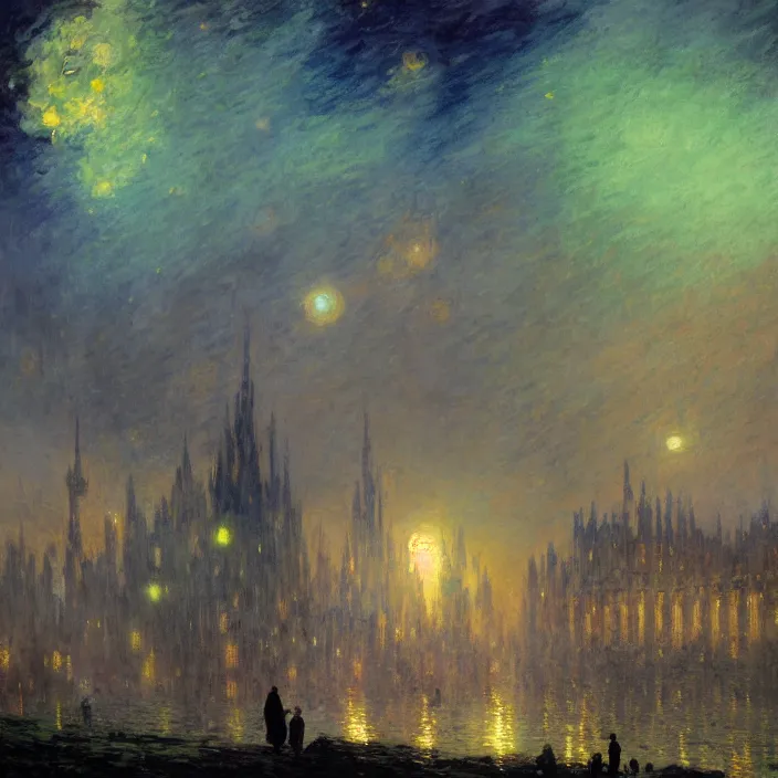 Image similar to a beautiful painting of a gothic city, colourful stars shining at night, astrophotography, cthulhu, colors out of space by ivan aivazovsky and greg rutkowski and james gurney and frank lloyd and monet, in style of impressionnisme. hyper detailed, sharp focus, soft light. unreal engine 5 lumen. ray tracing. trending on artstation. oil on canvas