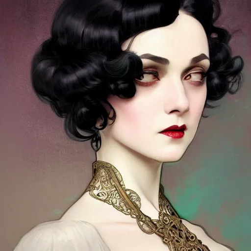 Image similar to a woman with black hair, dressed in 1920's fashion, D&D, fantasy, intricate, elegant, highly detailed, digital painting, artstation, concept art, matte, sharp focus, illustration, art by Artgerm and Greg Rutkowski and Alphonse Mucha