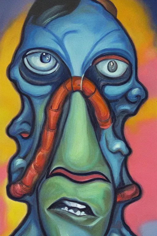 Prompt: a painting portrait of a mutant with six eyes, two noses and three mouths character art, painting by james woods