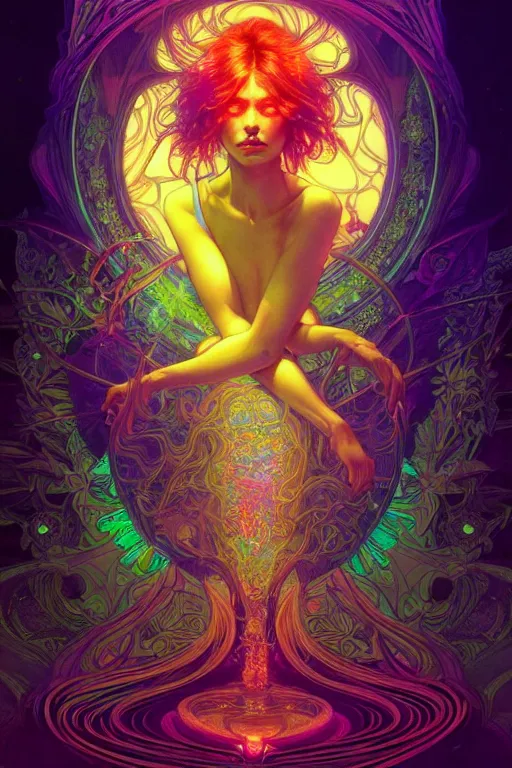 Prompt: psychedelic acid trip, blacklight reactive, [[[sexy]]], fantasy, intricate, elegant, highly detailed, digital painting, artstation, concept art, matte, sharp focus, illustration, art by Artgerm and Greg Rutkowski and Alphonse Mucha