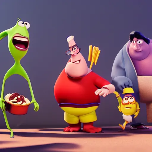 Prompt: obese pixar charakters eating in mc donalds. realistic, octane render, trending on artstation