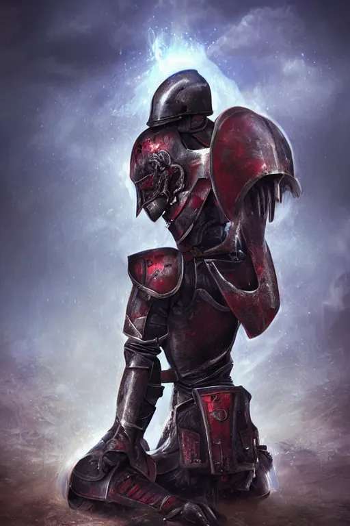 Prompt: aesthetic digital illustration of a defeated helmetless knight kneeling on the battlefield, by anne stokes | dirty and bloody, character concept, concept art, unreal engine, finalrender, centered, deviantart, artgerm