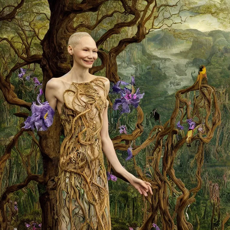 Image similar to a grinning dryad cate blanchet, who looks like a cybernetic alien stands pround in the middle of a river valley. around her are tropical birds and orchids and she is wearing an iris van herpen dress. painted by jan van eyck, egon schiele and max ernst, trending on artstation, 8 k, award winning, high octane