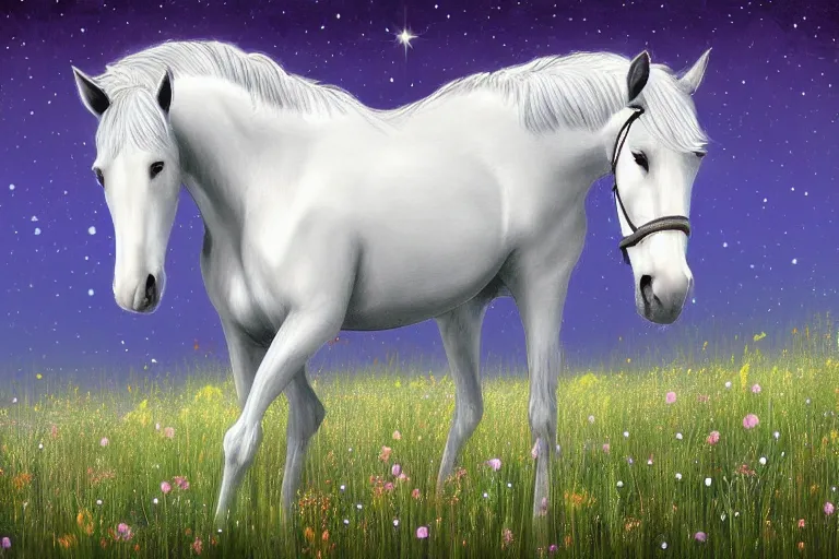 Image similar to a digital painting of a sad horse that's lost in a meadow, tall plants, white lighting, night sky, glows, moonlight,