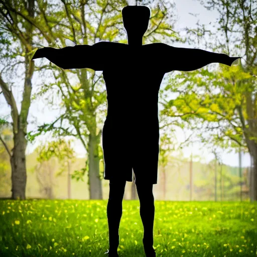 Image similar to a man made of origami dancing, dramatic lighting, with bokeh effect in a sunny meadow