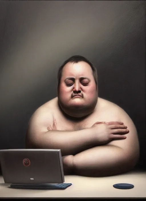 Image similar to insanely detailed chiaroscuro image of a exhausted - looking slightly fat casually - dressed programmer guy on his knees facing his glowing ultrawide computer monitor monitor begging it for forgiveness, oil on canvas, masterwork, fine detail, trending on artstation, emotive, insanely compelling, ryden, koons, moebius