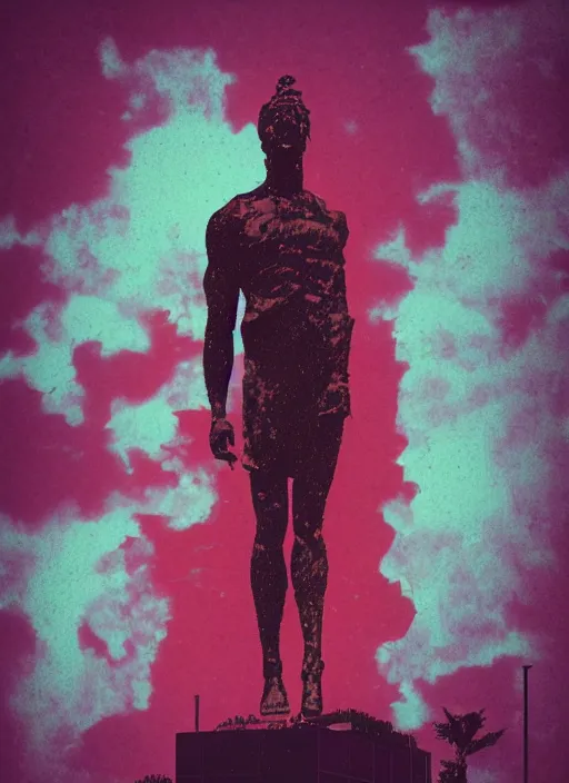 Image similar to black background with very subtle red and purple design elements, statue of david, powerful, nekro, graphic design, collage art, thin lines, dark, glitch art, neo vaporwave, gritty, layout frame, black frame, square, trending on artstation