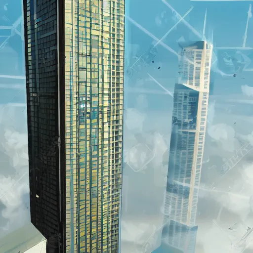 Prompt: a skyscraper concept art in the style of bauhaus flying in the sky, 4 k digital art masterpiece