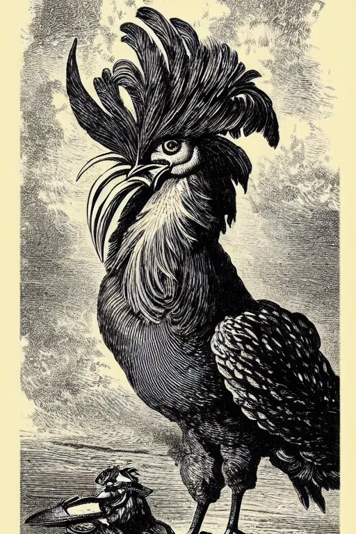 Prompt: 19th century wood-engraving of a rooster with a muscular man's body, whole page illustration from Jules Verne book titled Stardust Crusaders, art by Édouard Riou Jules Férat and Henri de Montaut, frontal portrait, high quality, beautiful, highly detailed, removed watermarks