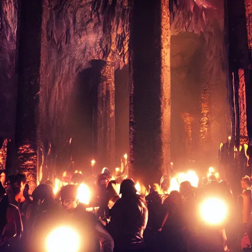 Image similar to crowded nightclub in the mines of moria, huge stone pillars, lights, goths and cyberpunks