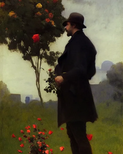 Image similar to a guy waiting for his love to come, holding roses, art by greg rutkowski, gustave courbet, rosa bonheur, edward hopper. faithfully depicted facial expression, perfect anatomy, sharp focus, global illumination, radiant light, detailed and intricate environment, trending on artstation