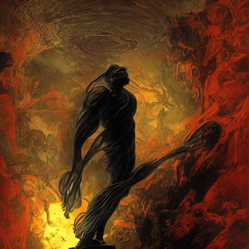 Prompt: a colorful glowing silhouette of a marble statue in underwater baroque neoclassicist sci - fi halls of creation. detailed textures. gloomy, dark black background. highly detailed fantasy science fiction painting by moebius, norman rockwell, frank frazetta, and syd mead. rich colors, high contrast. artstation