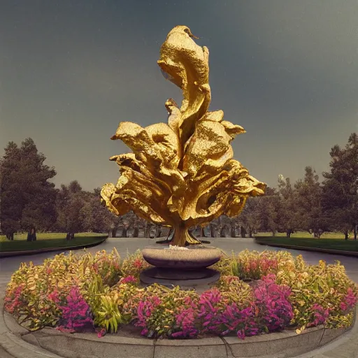 Image similar to 8k, octane render, realism, tonalism, renaissance, rococo, baroque, empty renaissance park, chaotic gold leaf flowers