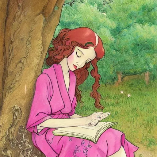 Prompt: beautiful ittle girl with long curly red hair dressed in a pink kimono and sitting next to a tree while reading a book, artwork made in western comic art style inspired in balthus and made in abyss, anatomically correct, higher details