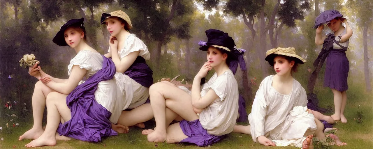 Image similar to A painting of many mysterious girls with short blond hair wearing an oversized purple Beret, Baggy Purple overall shorts, Short Puffy pants made of silk, silk shoes, a big billowy scarf, Golden Ribbon, and white leggings Covered in stars. Short Hair. Sunlit. Haute Couture.Art by william-adolphe bouguereau and Paul Delaroche and Alexandre Cabanel and Lawrence Alma-Tadema. Smooth. Elegant. Highly Detailed. Intricate. 4K. UHD. Denoise.